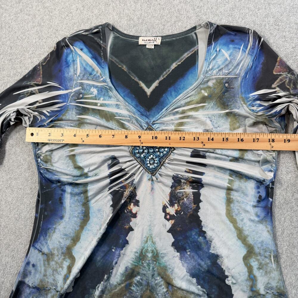 Oneworld Women's Large Blue Green Abstract Beaded Ruched V-Neck Tunic Top - Picture 8 of 10